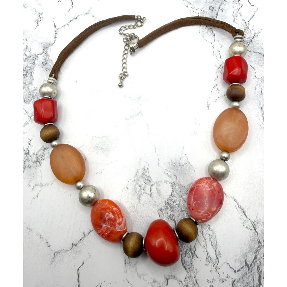 Boho Suede Cord Necklace Orange Resin Beads‎ Silver Tone Adjustable